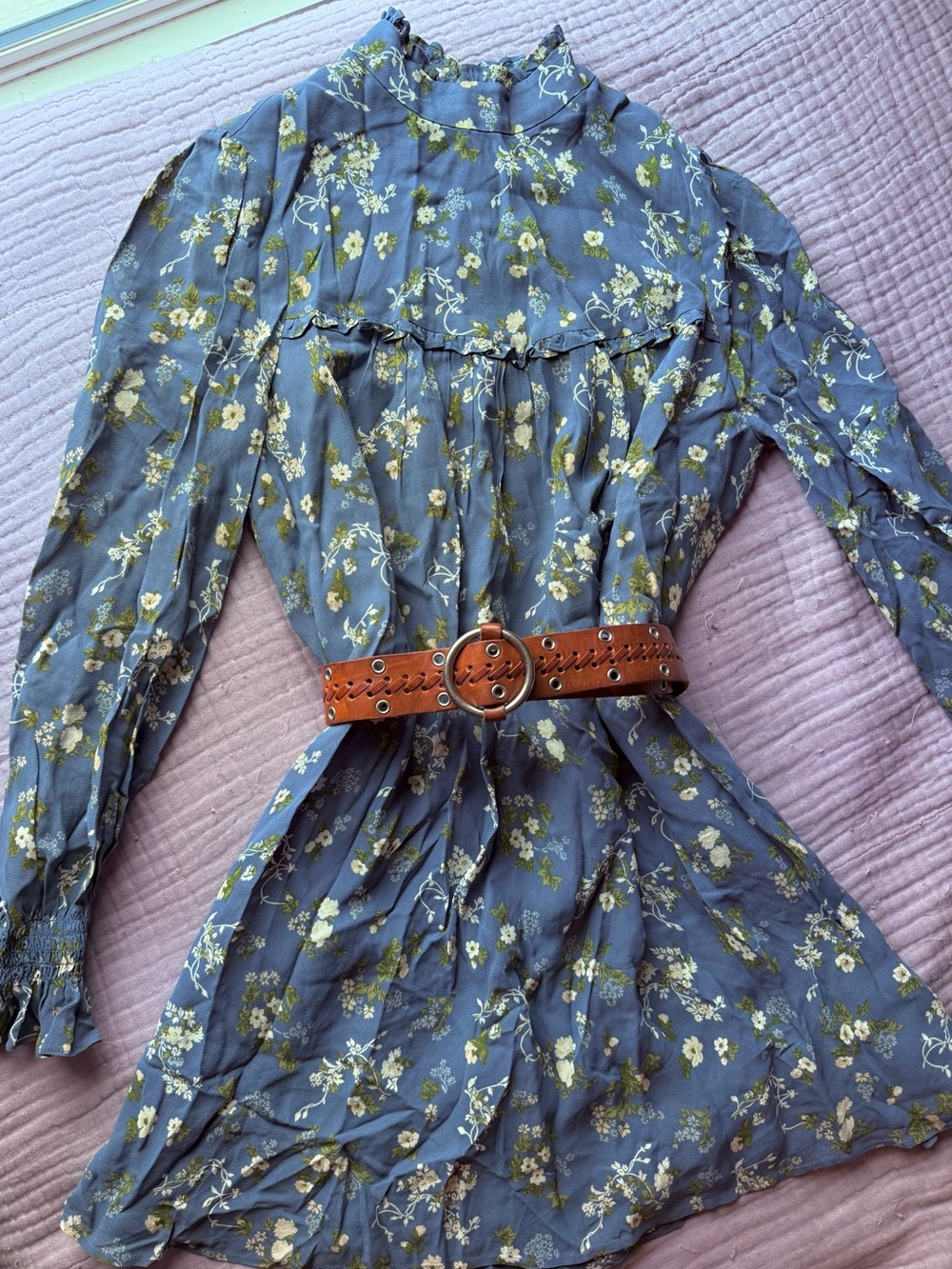 Reformation Blue Floral High-Neck Long Sleeve Swing Dress